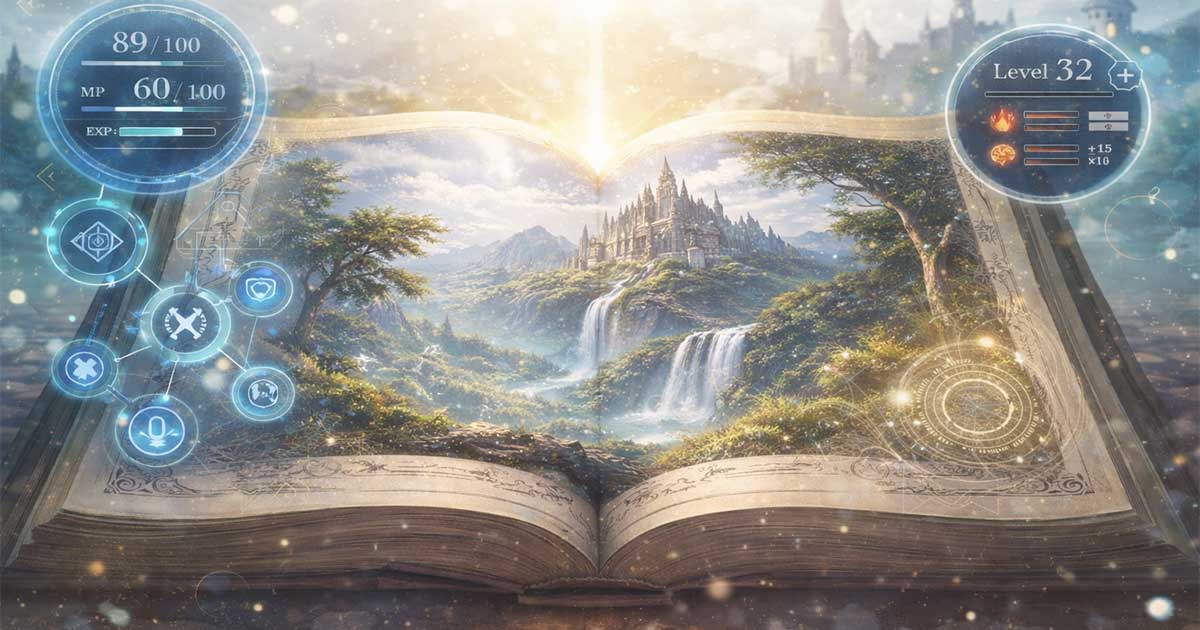 Open fantasy book revealing a magical world with RPG-style interface and structured power system elements